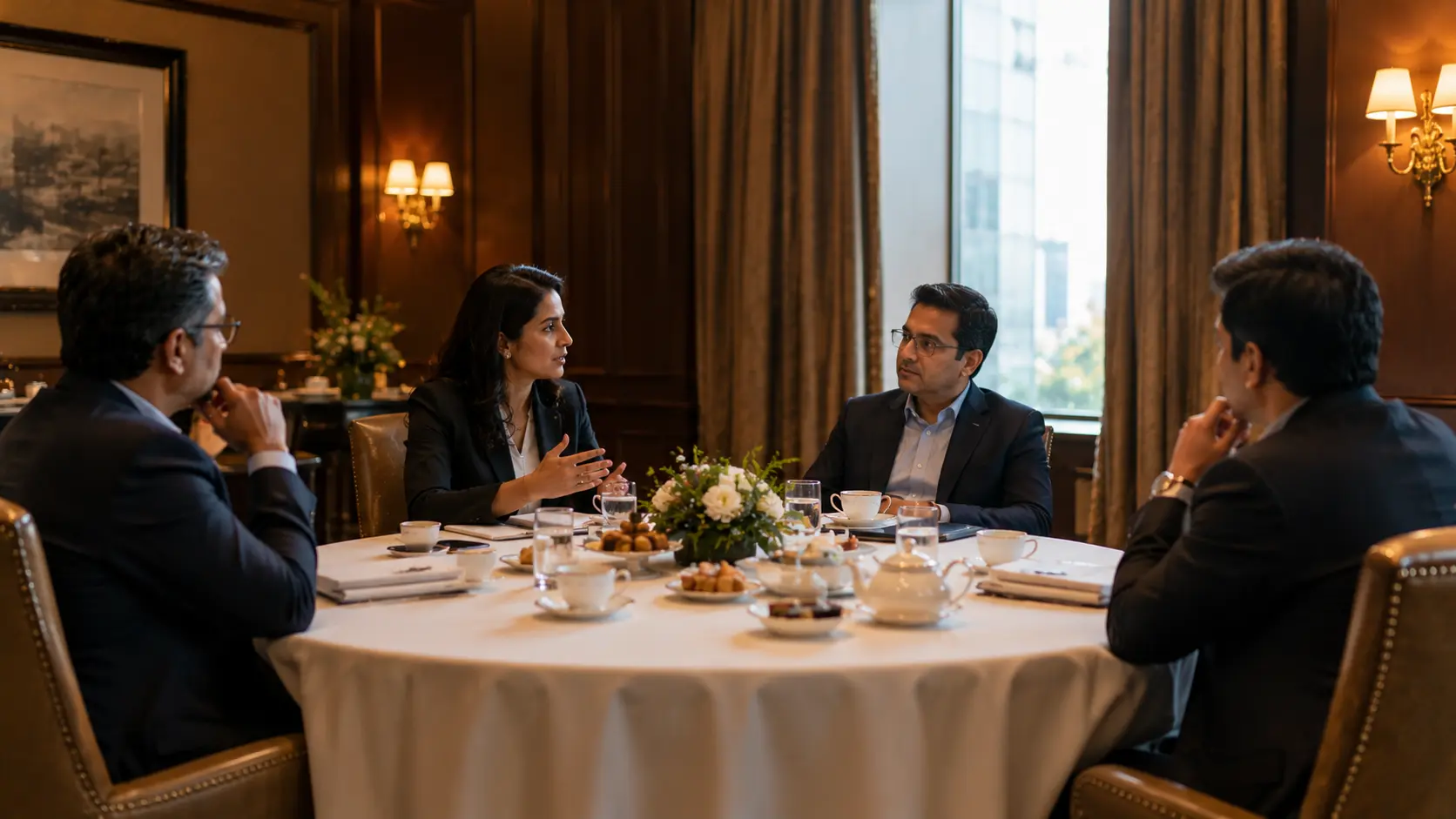 Directors and a company secretary reviewing resolutions at a boardroom table.