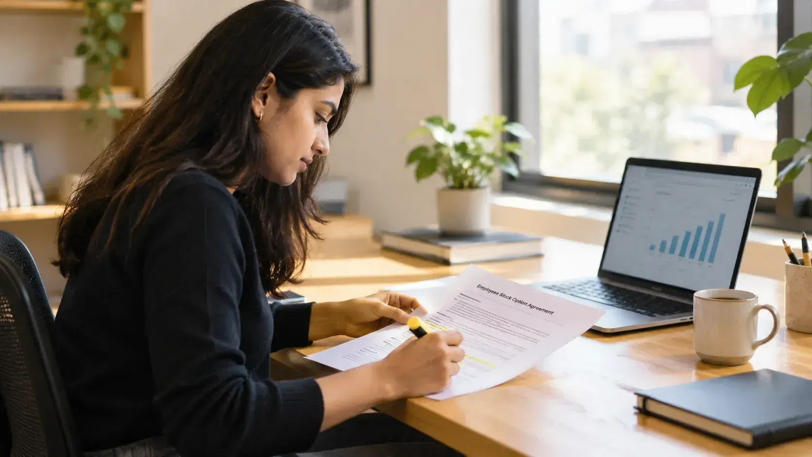 An employee marking up an employee stock option agreement at a desk