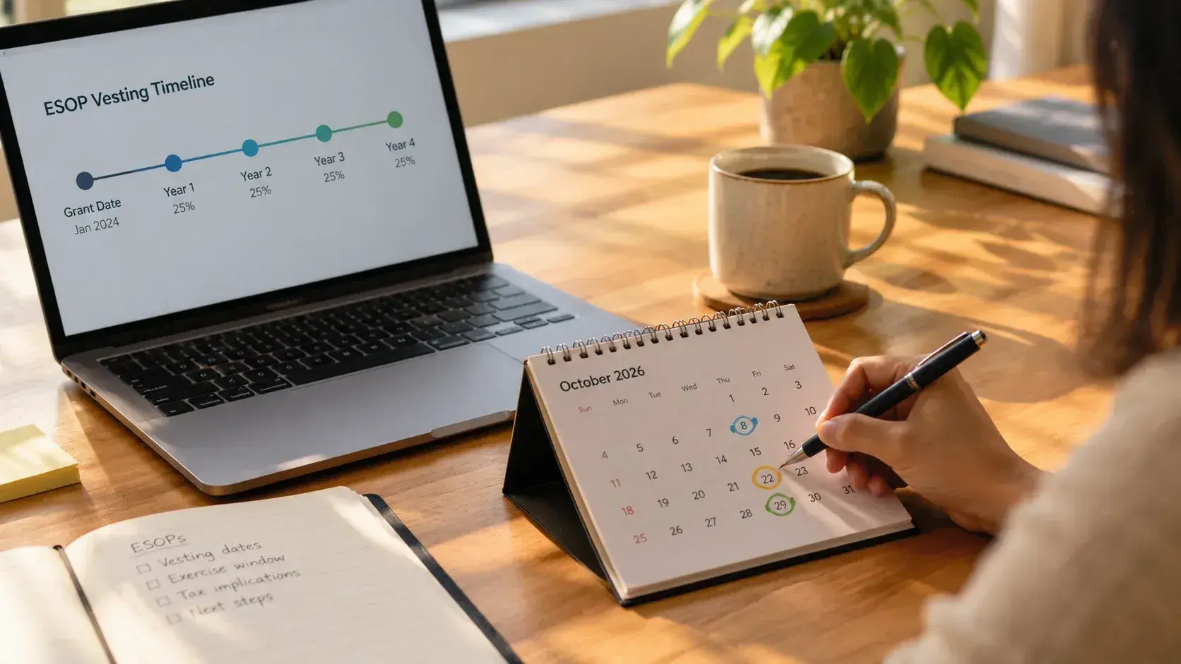 A four year ESOP vesting timeline on a laptop beside a desk calendar with dates circled