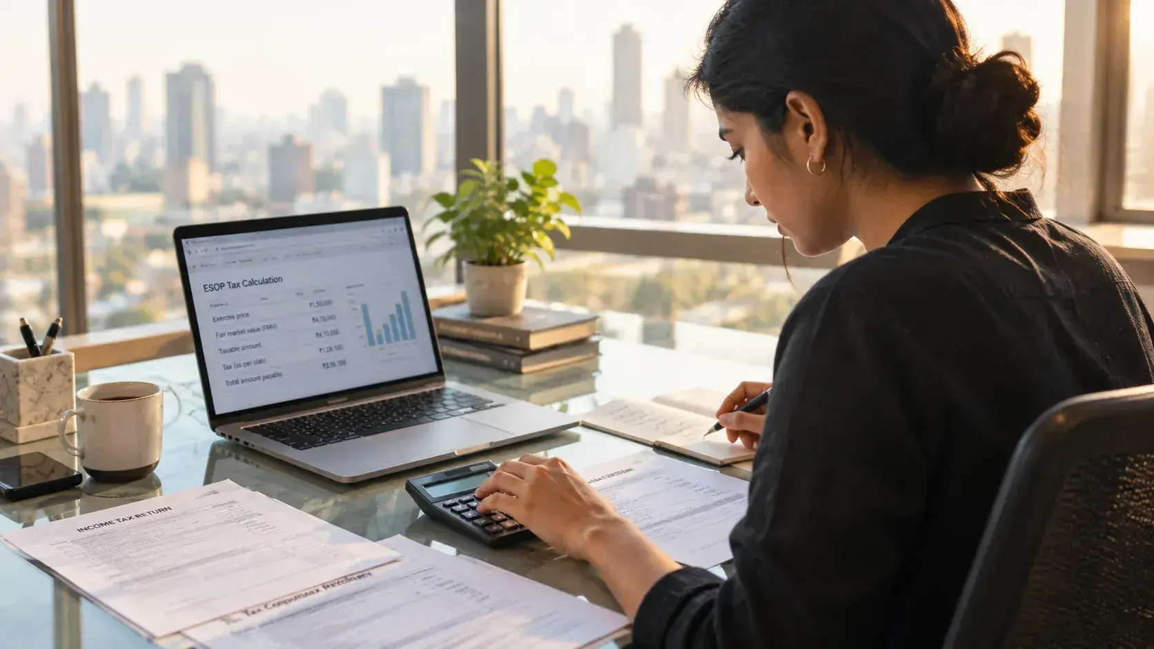An ESOP tax calculation open on a laptop beside an income tax return and a calculator