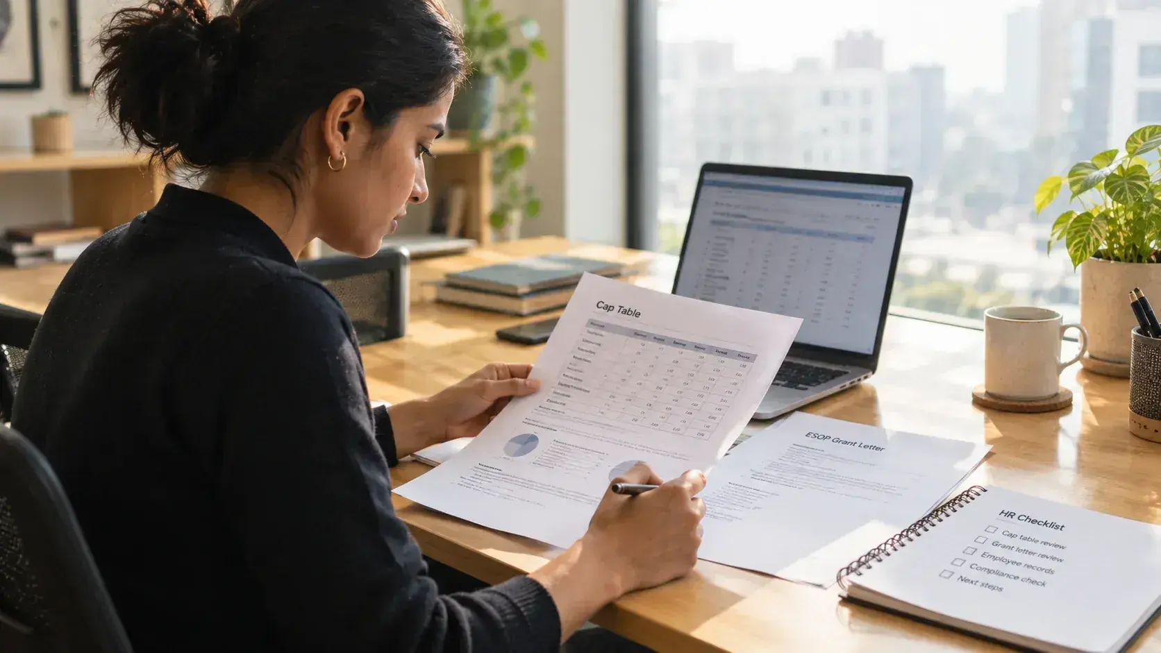 A cap table, an ESOP grant letter and an HR checklist laid out on a desk