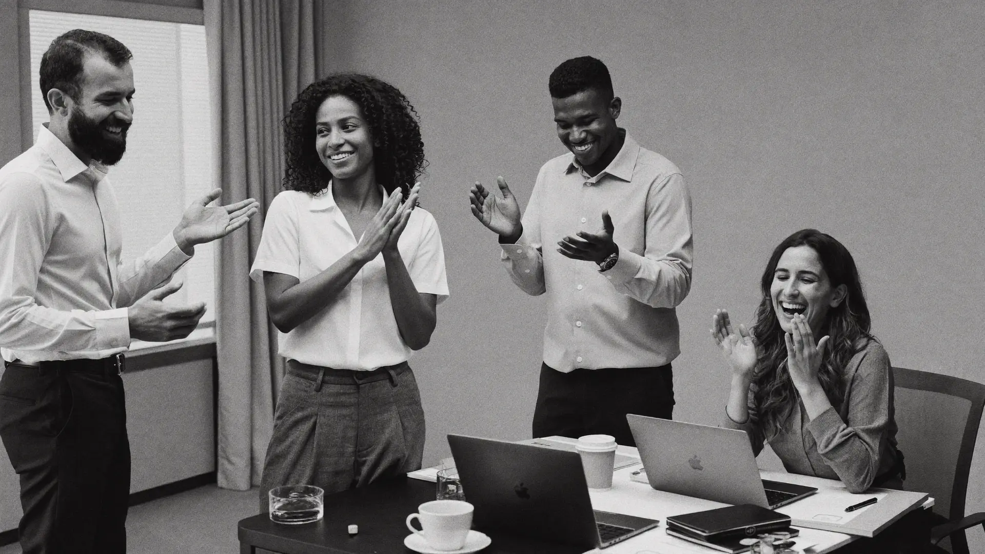 Four colleagues around a standing desk, one applauding a teammate