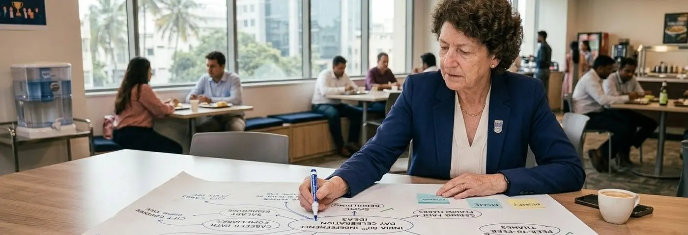 A leader mapping out a team culture and recognition strategy on a large planning sheet at a cafeteria table