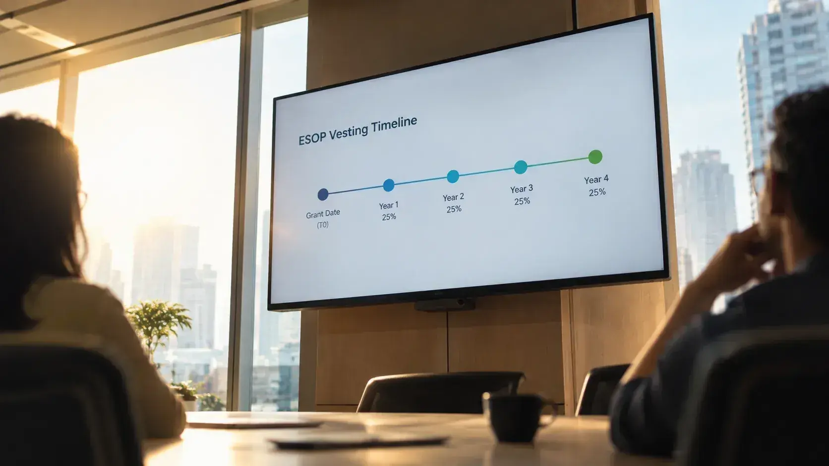 A four year ESOP vesting timeline on a meeting room screen, vesting 25 percent a year