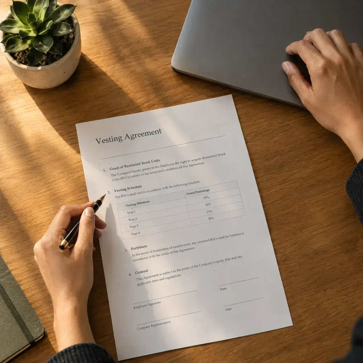A vesting agreement setting out the schedule and forfeiture terms, being signed at a desk