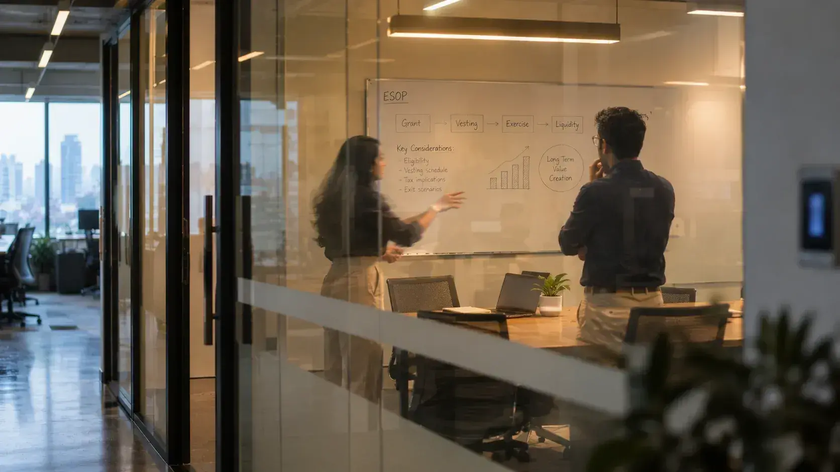Two colleagues mapping grant, vesting, exercise and liquidity on a glass meeting room whiteboard