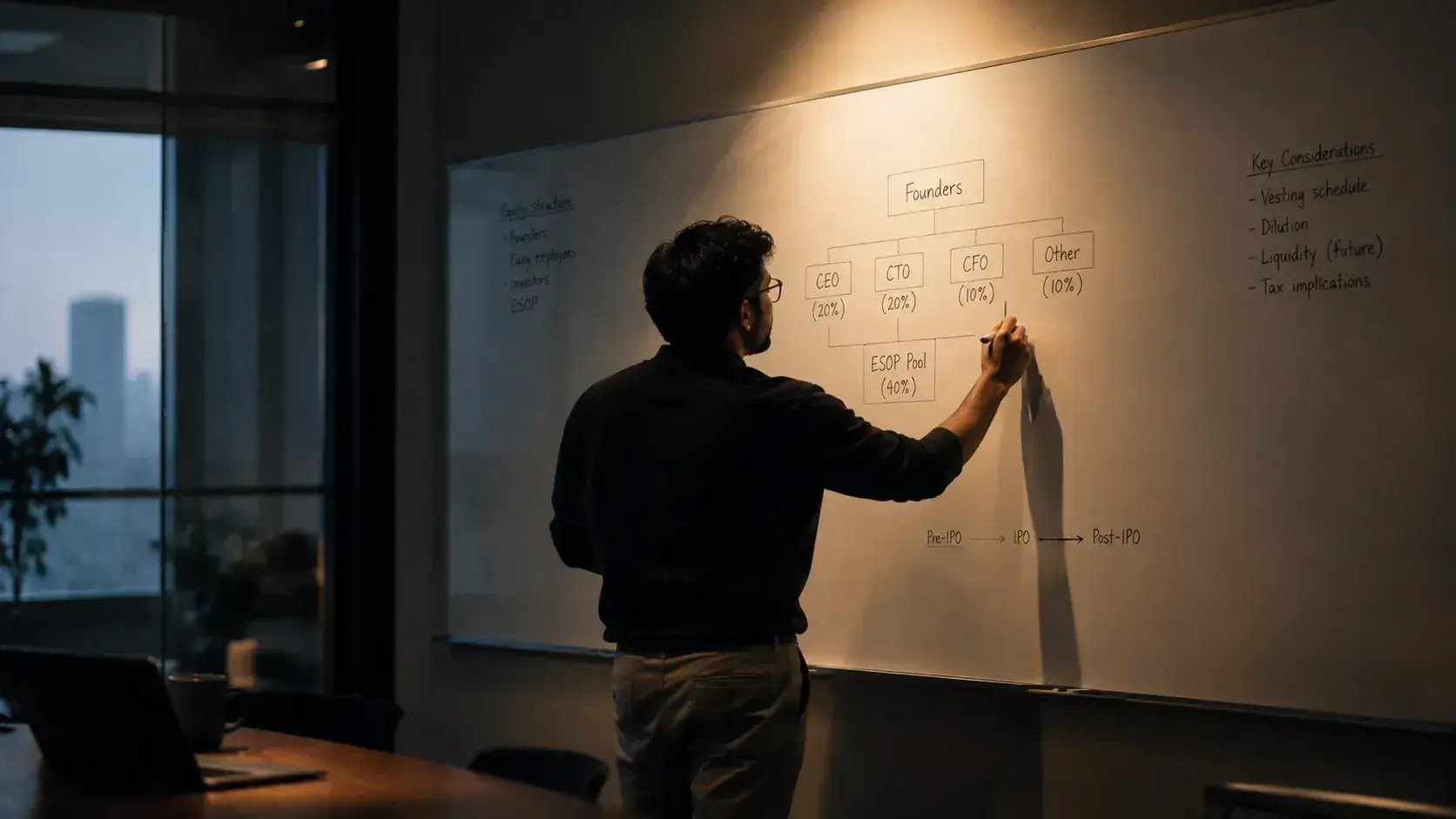 A founder working through equity structure and vesting considerations on a whiteboard