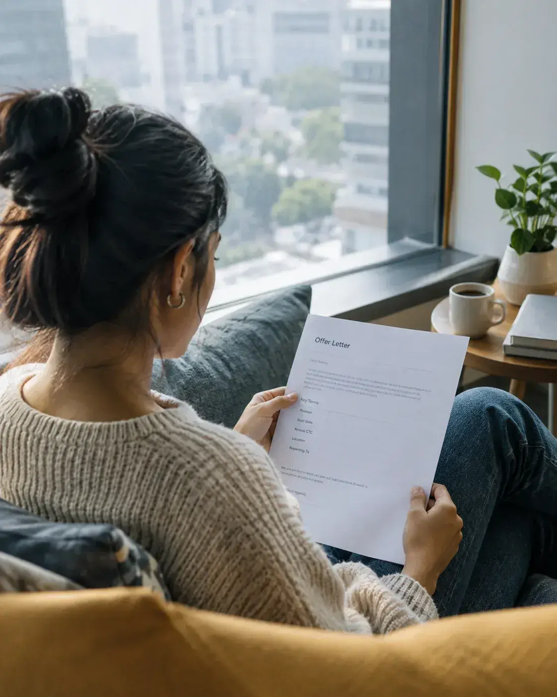 An employee reading the key terms of an offer letter at home
