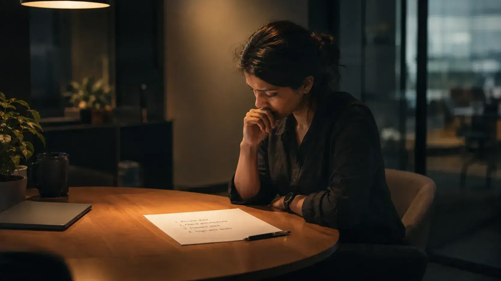 A founder sitting alone with a short checklist under a desk lamp in the evening