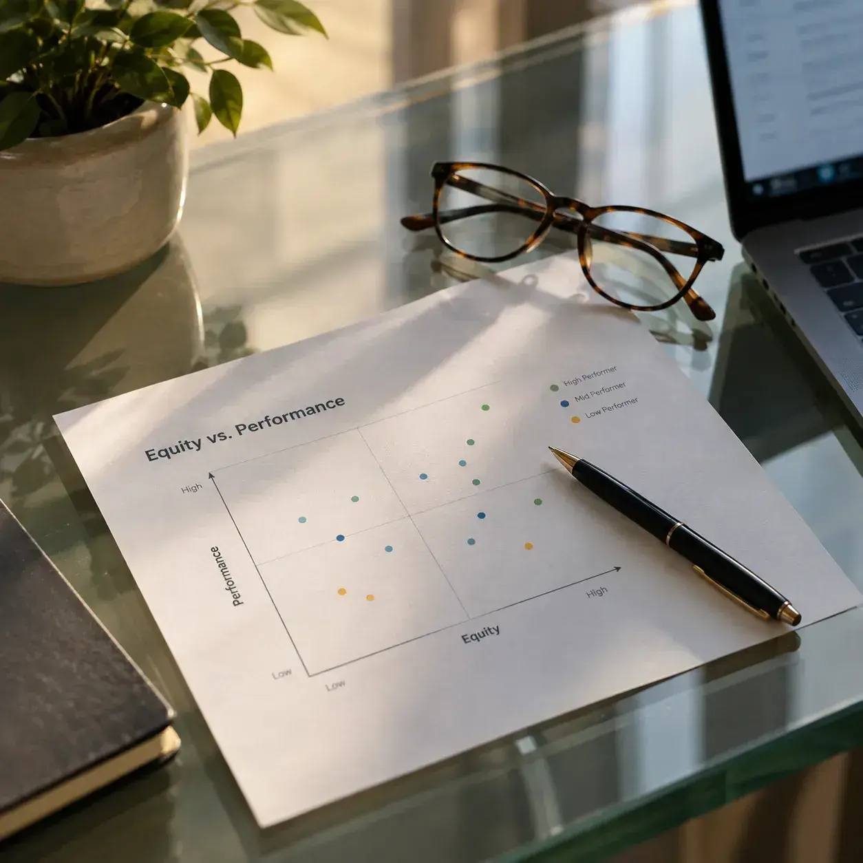 An equity versus performance quadrant chart printed on paper beside glasses and a pen