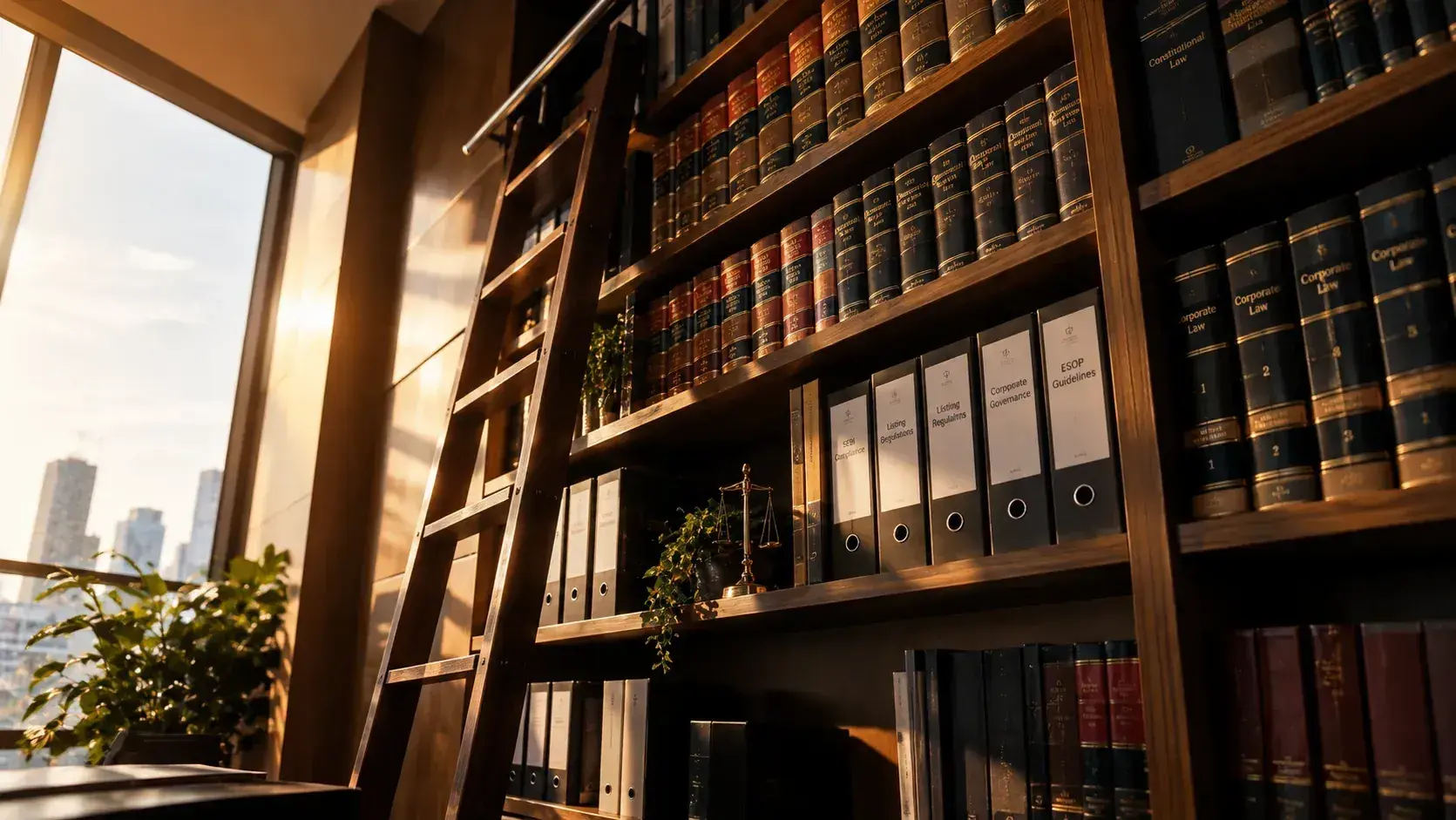 A corporate law library with files labelled SEBI compliance, listing regulations and ESOP guidelines