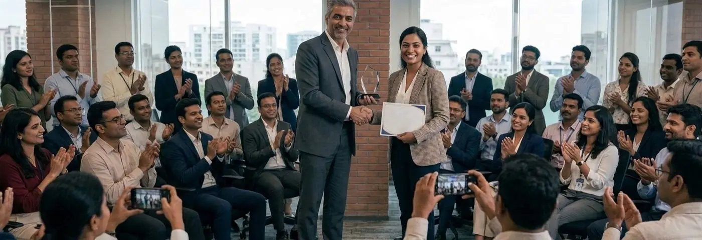 Colleagues applauding as a recognition award is handed over in a bright office