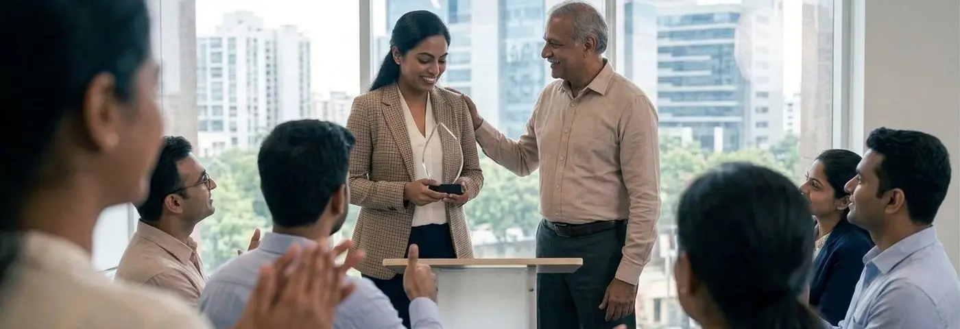 A woman receiving a recognition award while a colleague places a hand on her shoulder in front of an applauding team