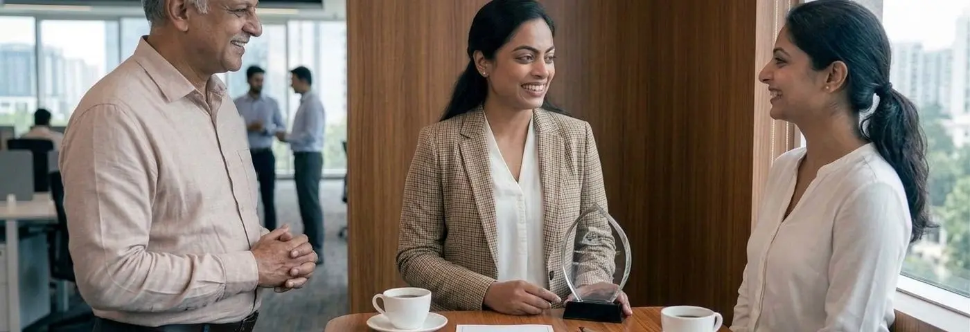 A small group meeting around a table with a crystal recognition award and a printed certificate