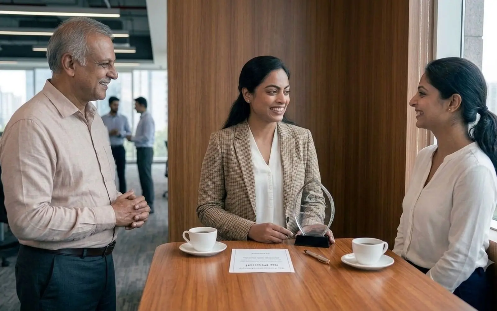 A crystal recognition award and a printed certificate on a table during a small team meeting