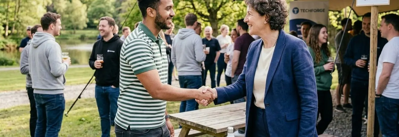 Two colleagues shaking hands at an outdoor team recognition event