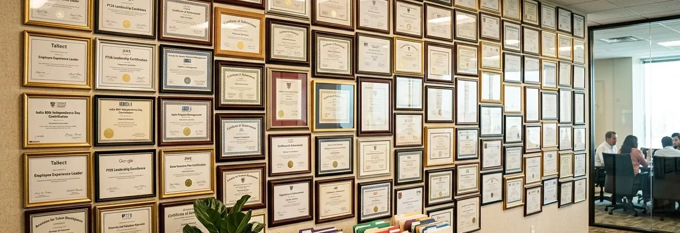 A wall of framed recognition certificates in an office hallway