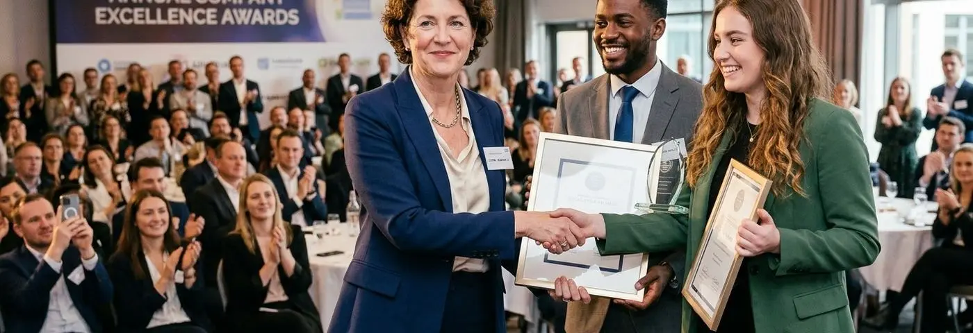 A presenter shaking hands with an award recipient in front of an applauding audience