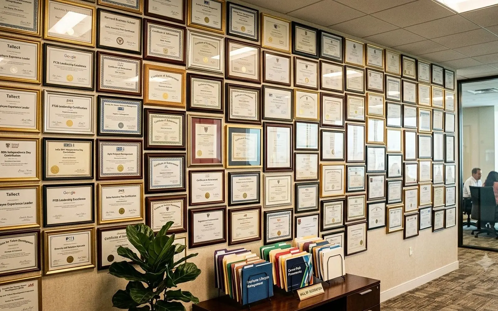 A wall of framed recognition certificates and awards displayed in an office, labelled Hall of Recognition