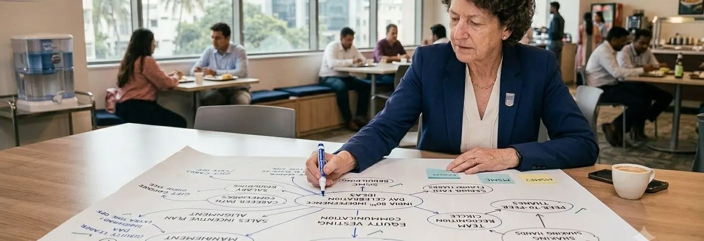 A close view of a hand-drawn recognition and culture strategy map on a planning sheet
