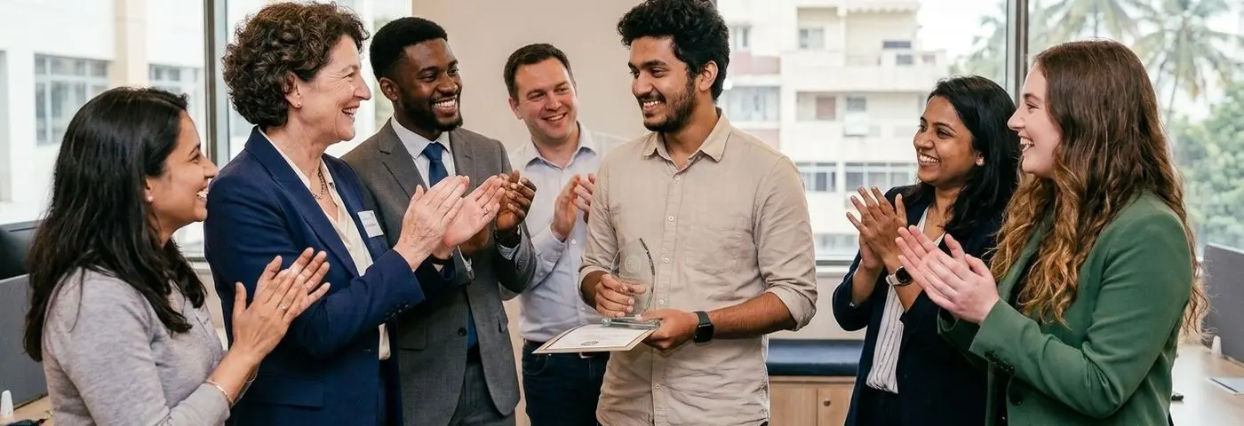 Colleagues applauding together in a bright office space