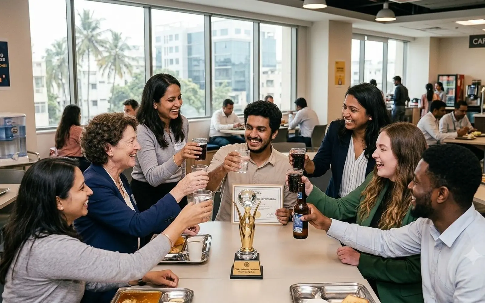 Colleagues raising a toast together at a cafeteria table to celebrate a team achievement, with a trophy and certificate on the table