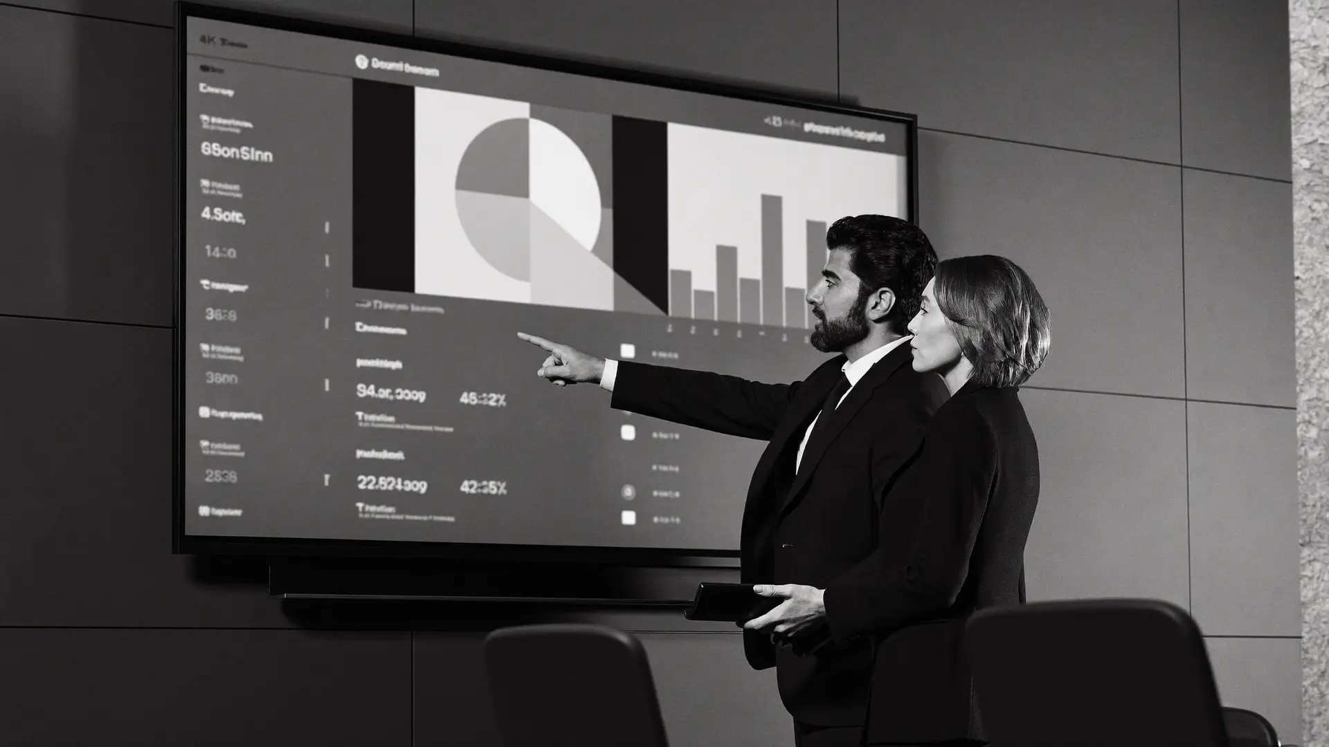 Two professionals reviewing analytics on a wall mounted screen