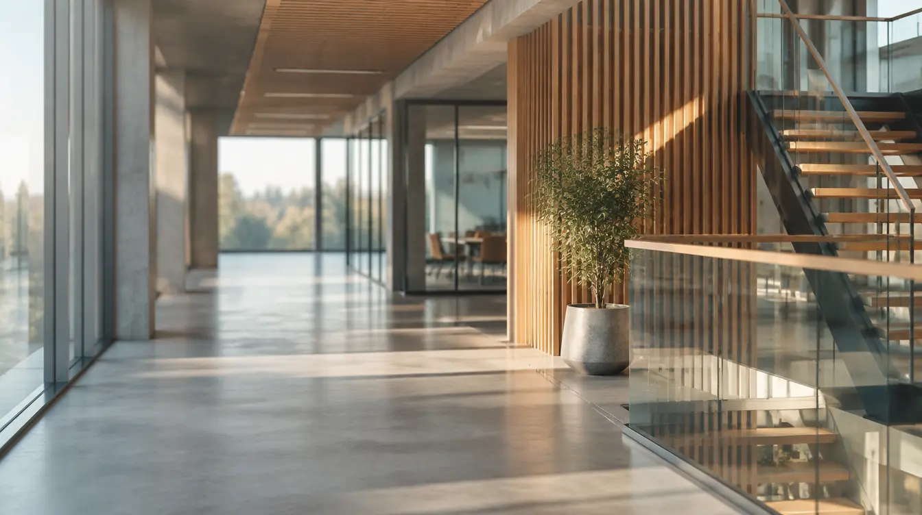 Modern office architecture with a glass walled corridor in warm natural daylight