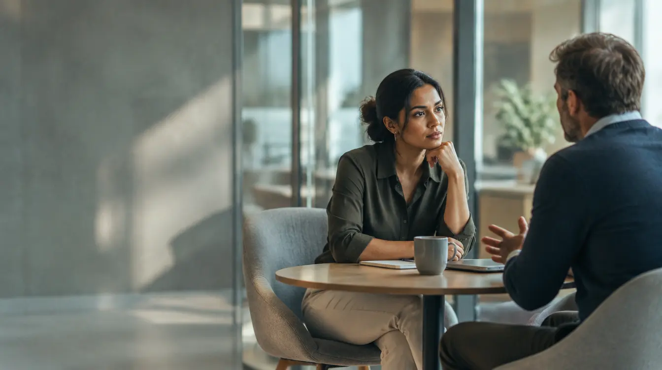 A manager and a colleague in a focused one to one conversation in a glass meeting room