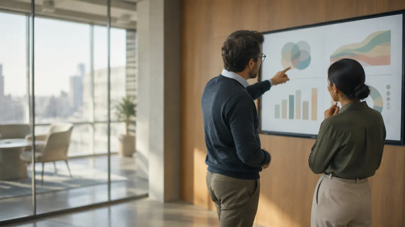 Two professionals reviewing charts on a wall mounted screen in a meeting room