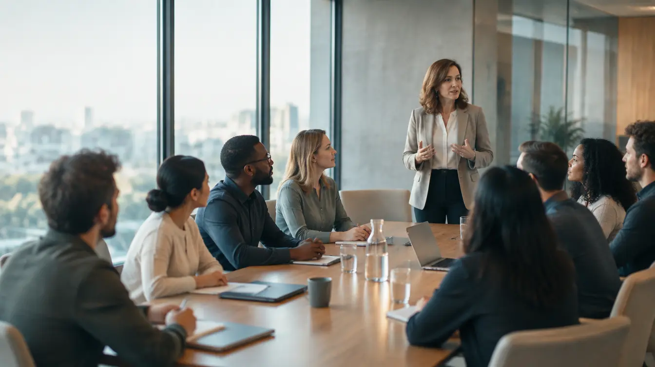 A senior executive addressing seated colleagues around a boardroom table