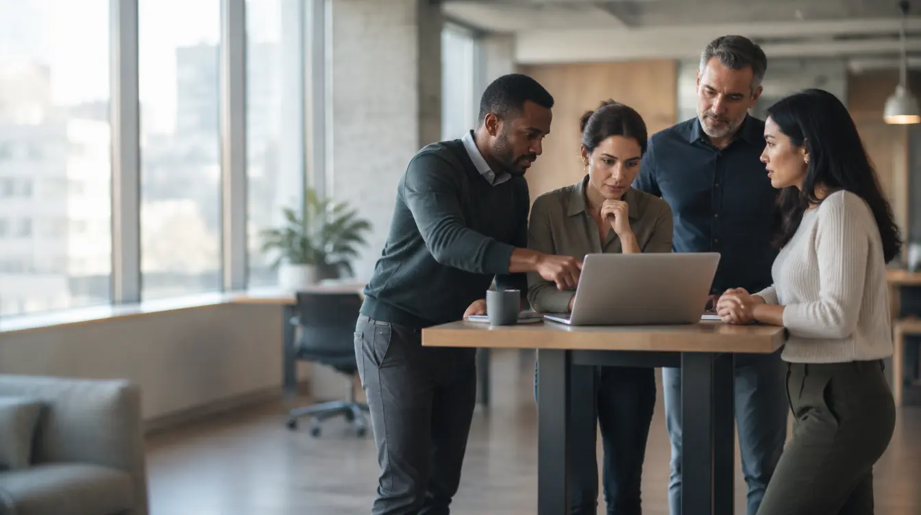 Four colleagues gathered around a standing desk, one pointing at a laptop while another listens