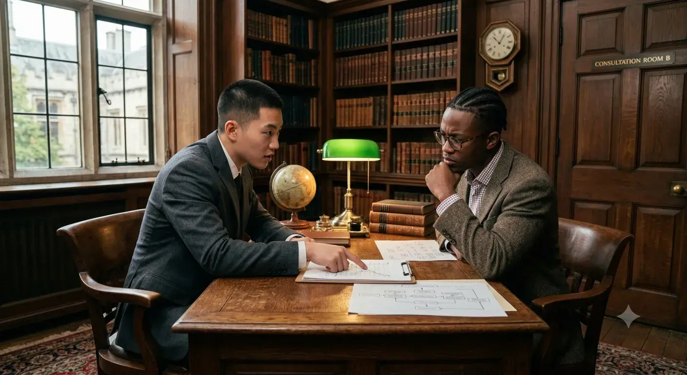 Two men in suits discuss documents across a wooden desk in a wood-paneled library with a green banker's lamp.
