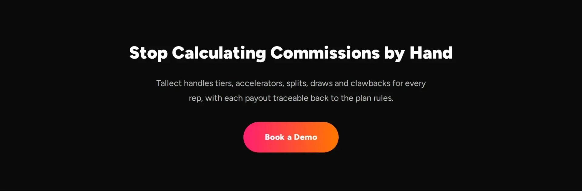 Call to action reading "Stop Calculating Commissions by Hand" with a Book a Demo button