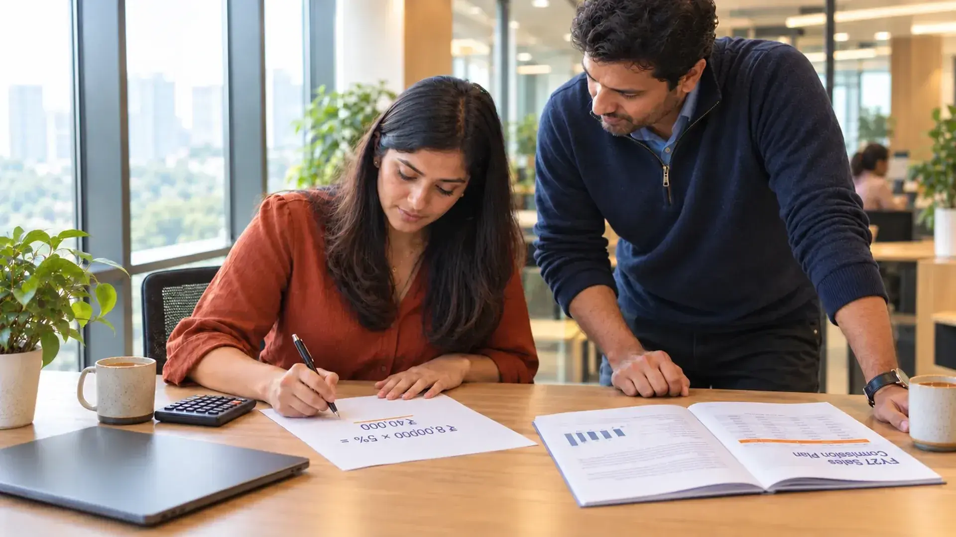 A woman writes out a commission calculation on paper at an office desk while a colleague leans over to check a sales commission plan.