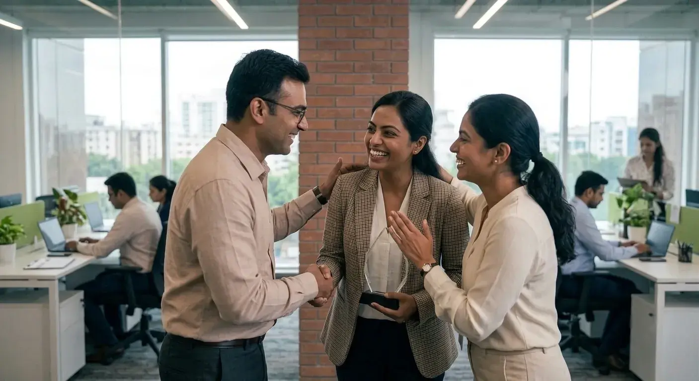 Three colleagues smile and shake hands in an open-plan office