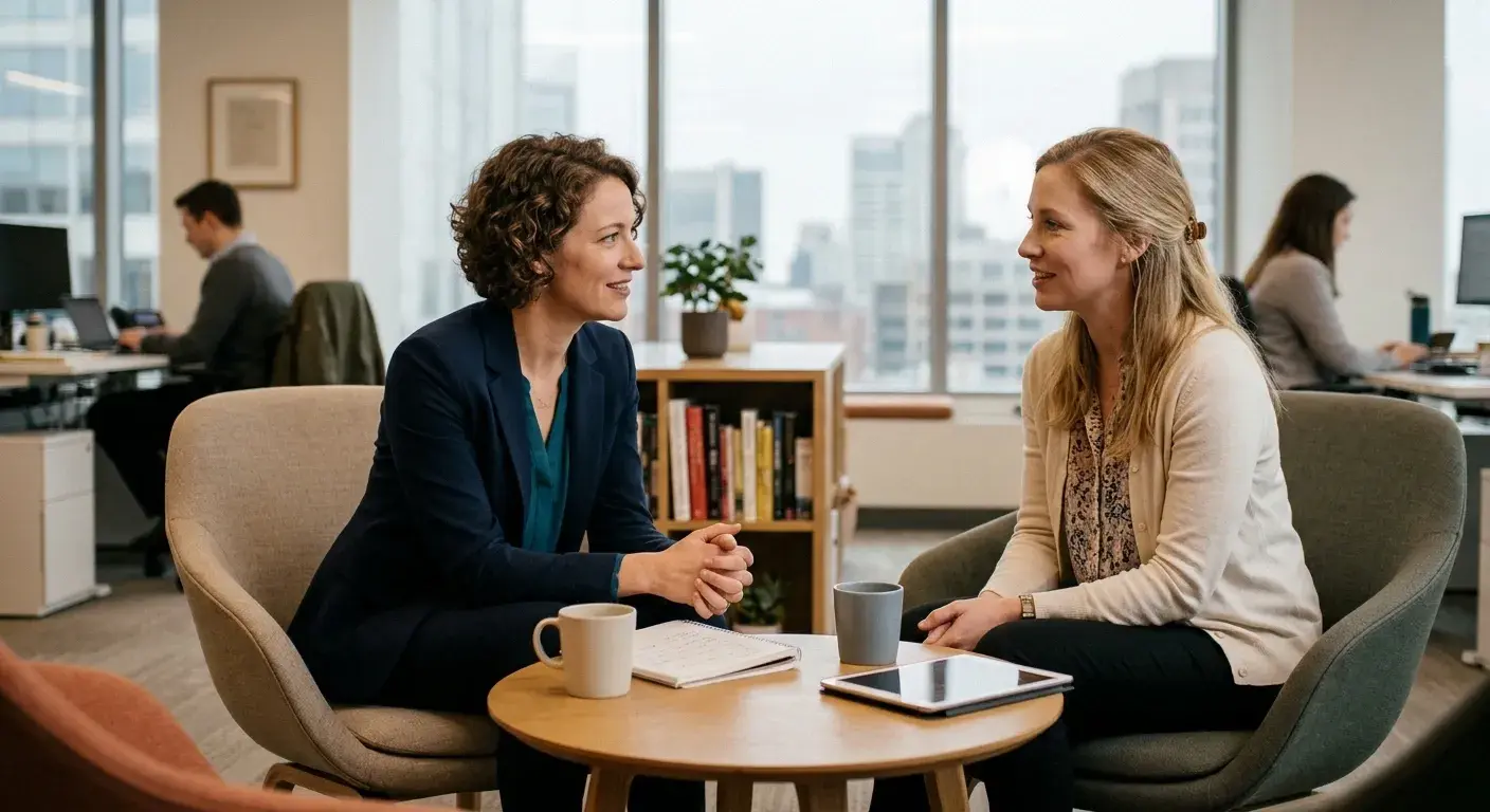 Two colleagues having an open conversation about pay in an office lounge