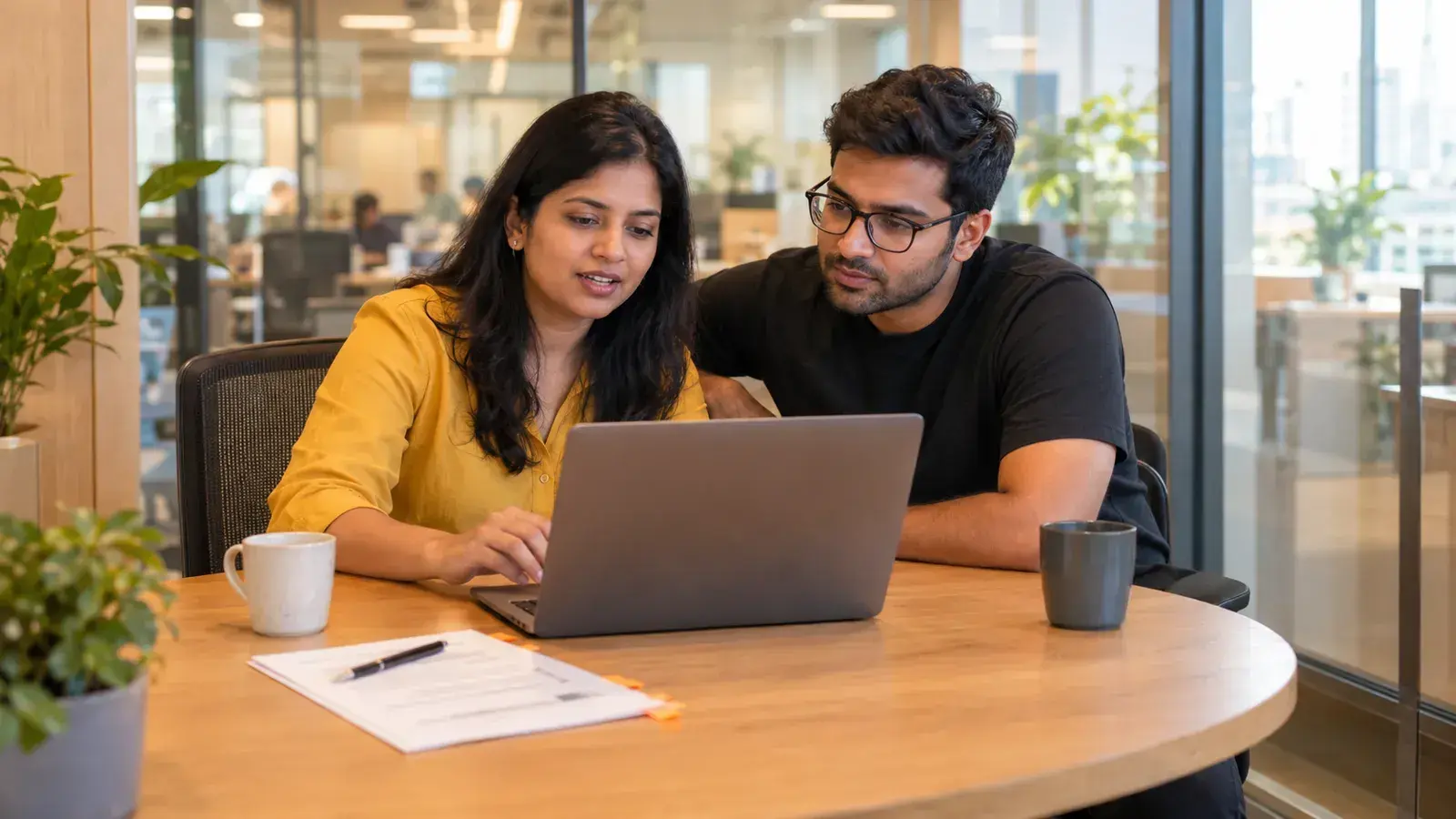 Two colleagues review a deal together on a laptop at a round meeting table
