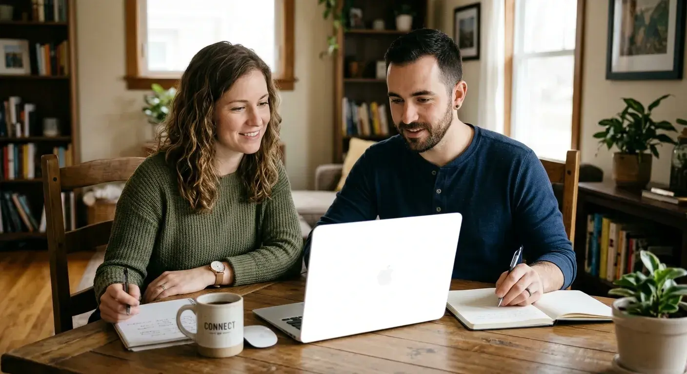 Two colleagues smile while reviewing notes and a laptop together at a wooden table
