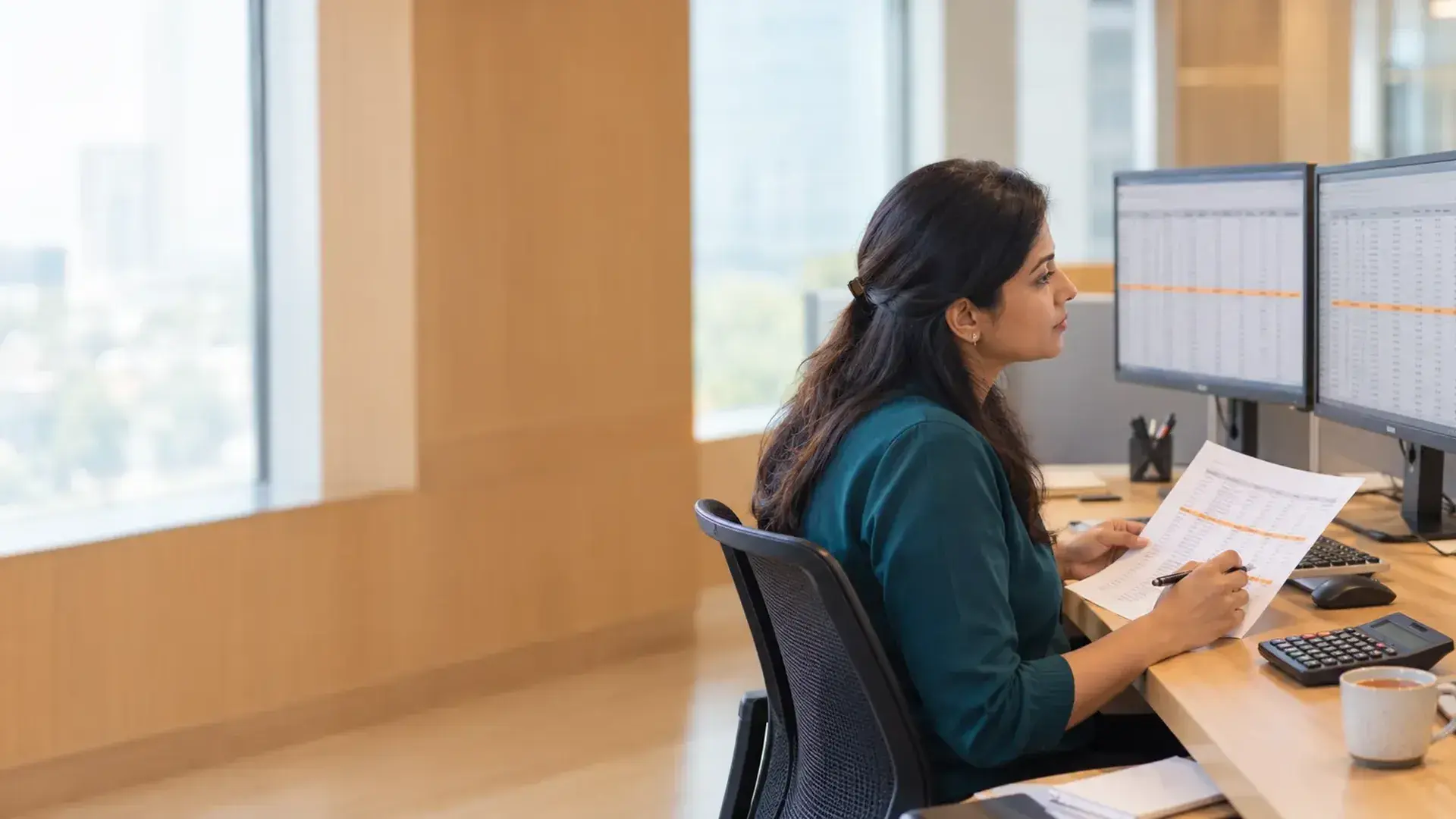 A woman at an office desk checks a printed spreadsheet against figures on her two monitors, with a calculator beside her.