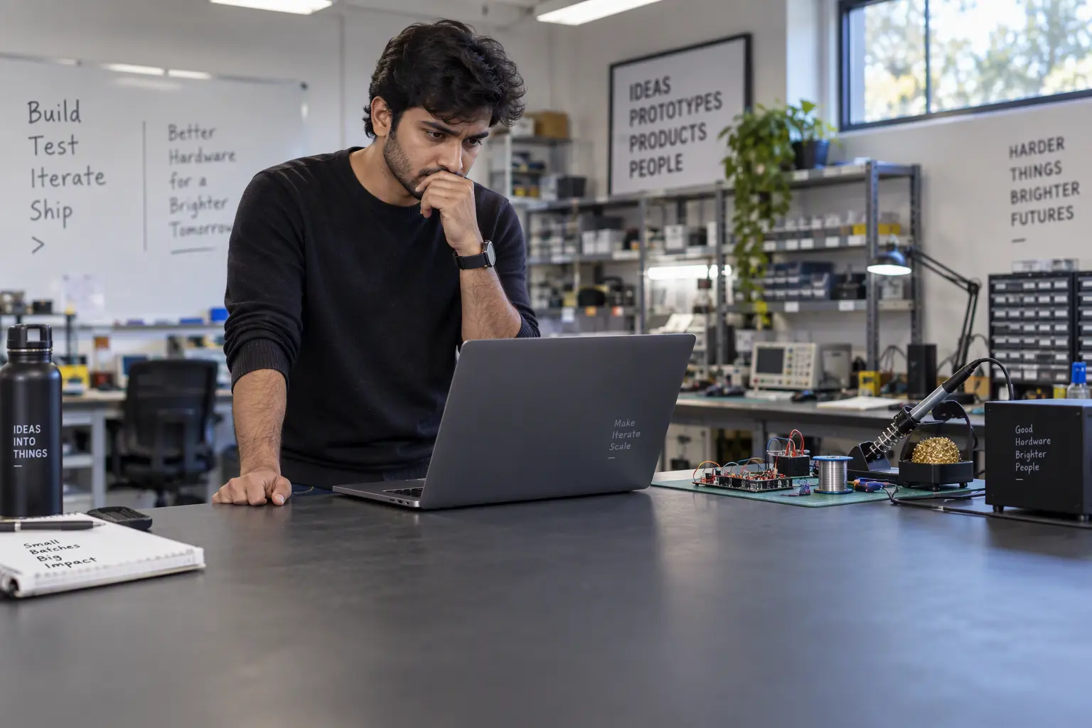  A founder reviewing ESOP documents beside a laptop at a desk in a startup office.