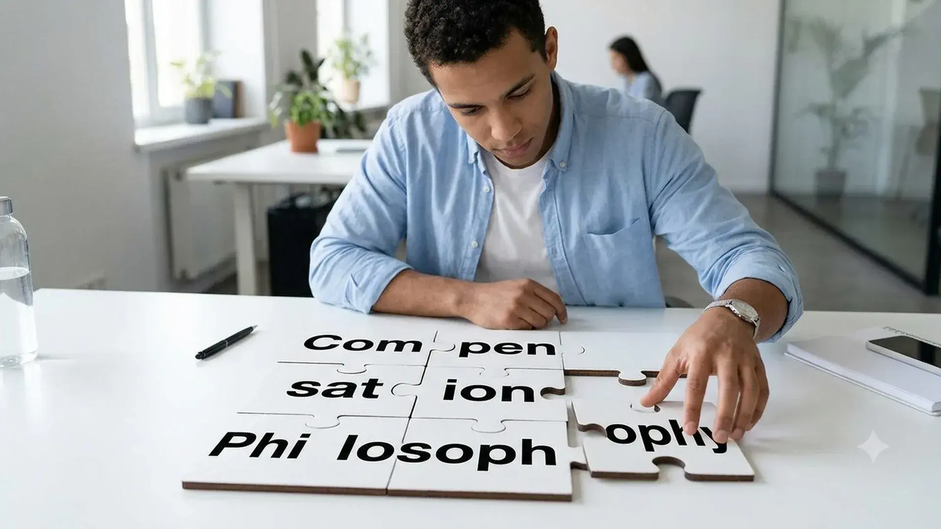 A man fits together puzzle pieces spelling Compensation Philosophy on an office desk.