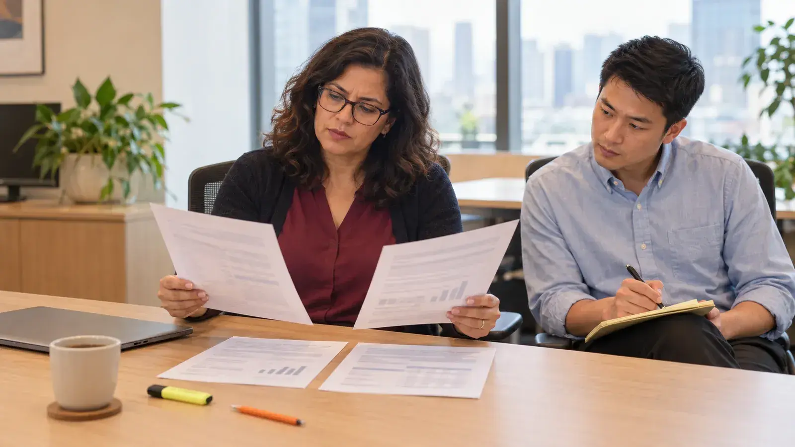 A finance manager compares two printed vendor proposals at a meeting table while a colleague takes notes.