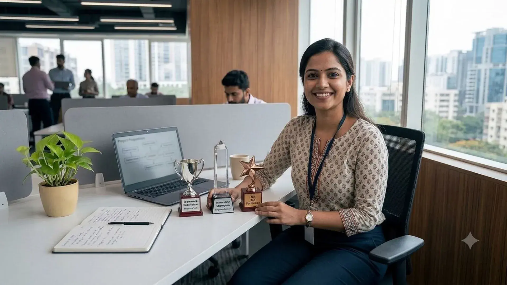 A smiling woman sits at her office desk beside recognition trophies, with colleagues working in the background.