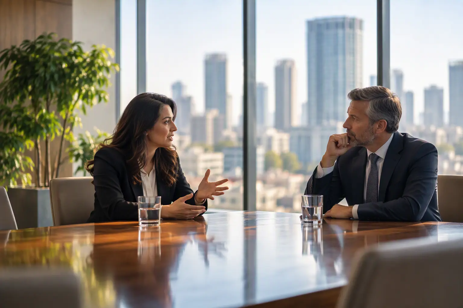 An HR leader and a CFO reviewing ESOP grant bands on a printed spreadsheet.