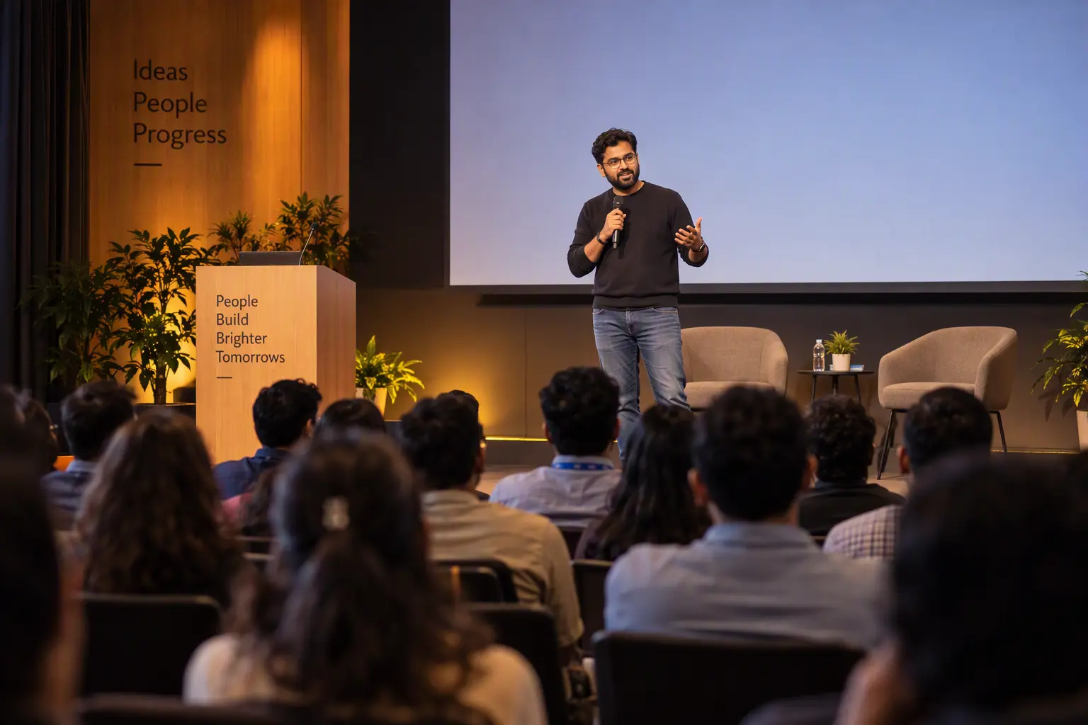 A founder addressing employees in an open-plan startup office.