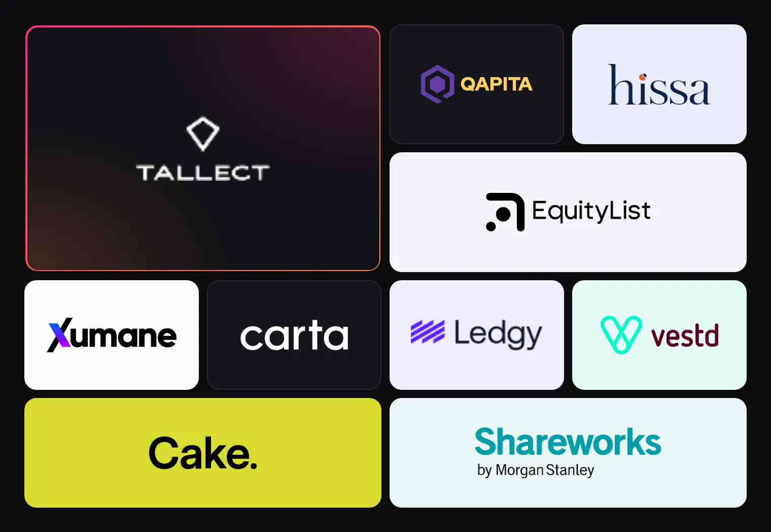 Alt: Logos of the 10 ESOP management platforms in this guide: Tallect, Qapita, Hissa, EquityList, Xumane, Carta, Ledgy, Vestd, Cake Equity and Shareworks by Morgan Stanley.
