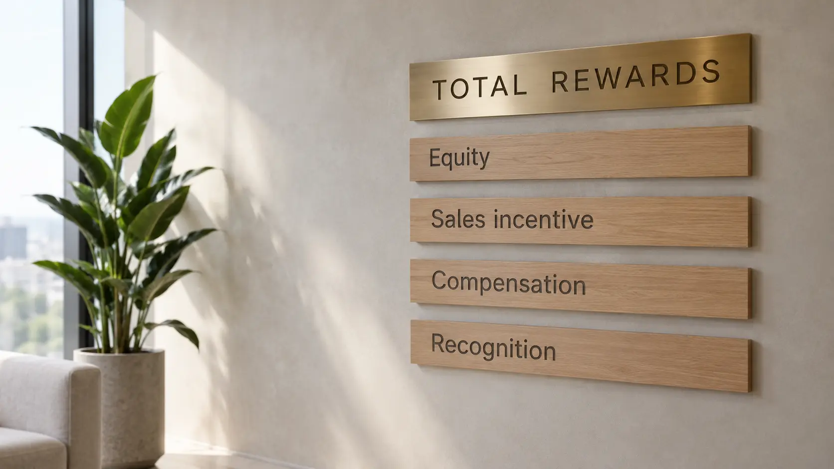 A Total Rewards sign on an office wall, with wooden panels for equity, sales incentive, compensation and recognition.