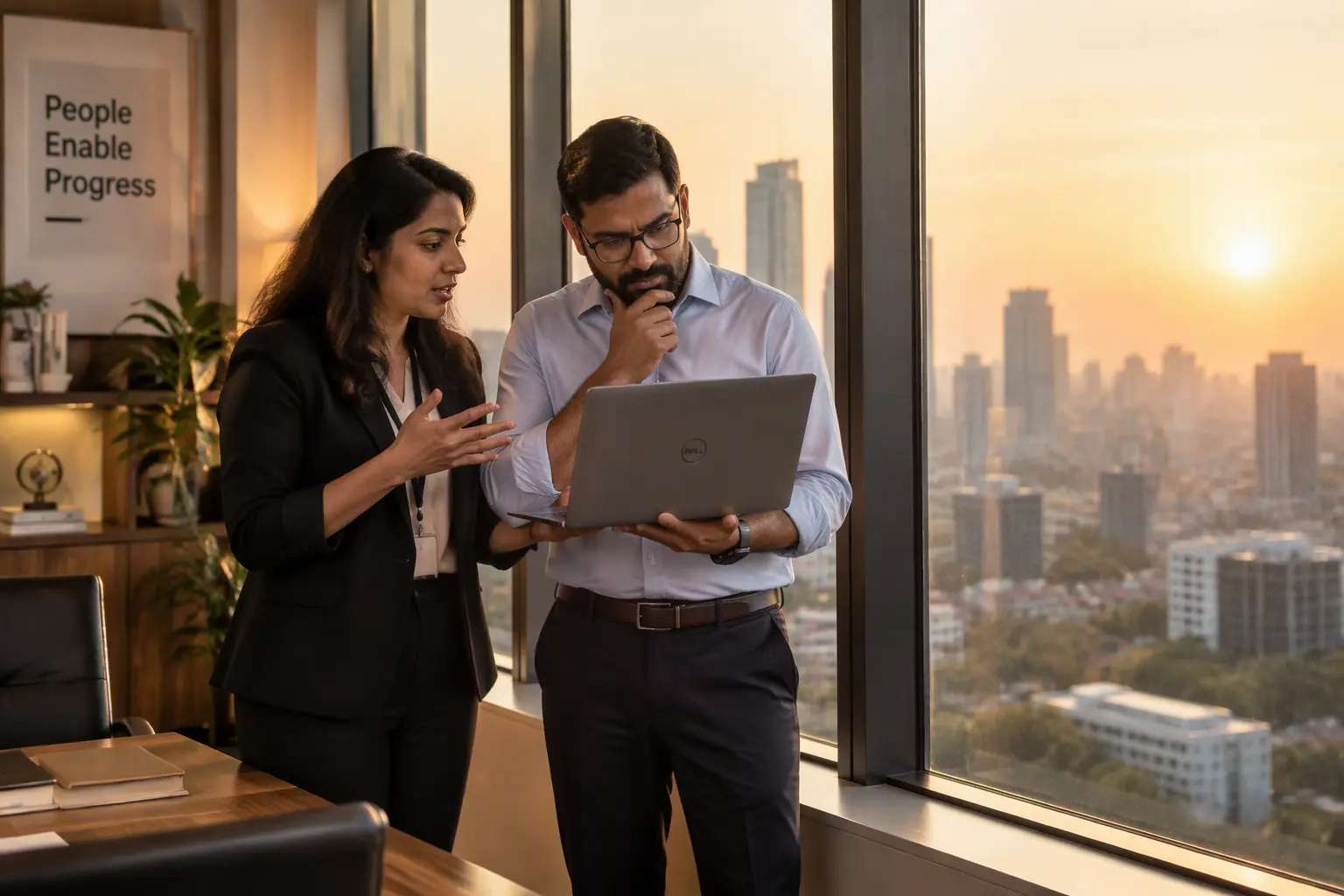 An HR leader and a finance lead reviewing a compensation plan on a laptop.