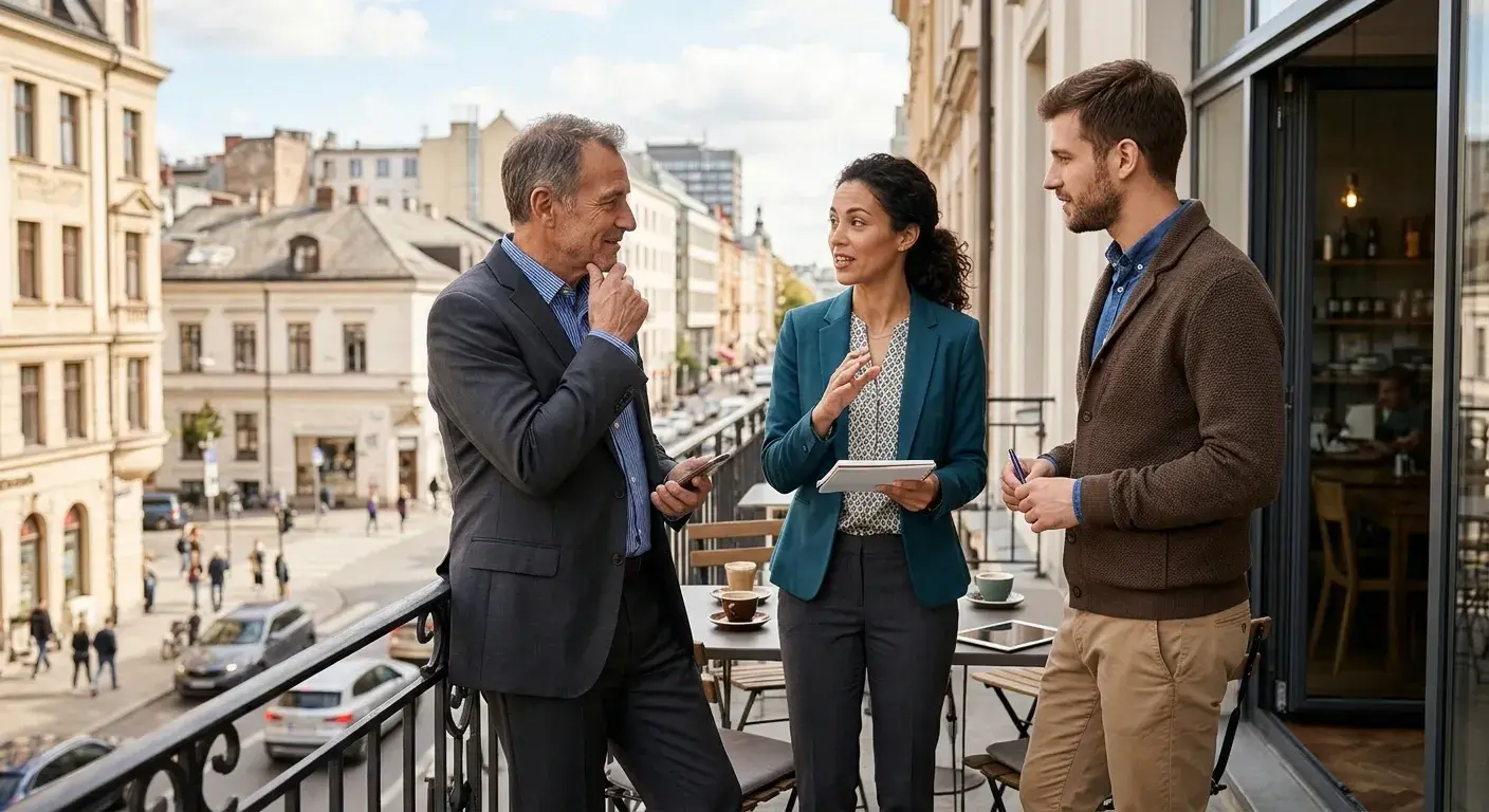 Three colleagues talk on a city balcony, one holding a tablet.